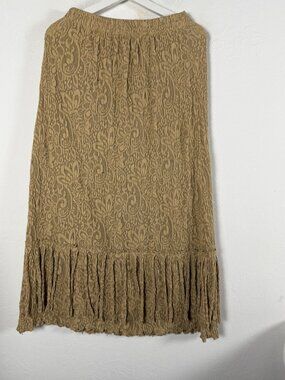 T. Elliot Crinkle Textured Paisley Midi Skirt Tan Elastic Waist Boho Medium